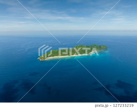 Lalutaya Island with beach surrounded by blue sea. El Nido, Palawan. Philippines. 127233219