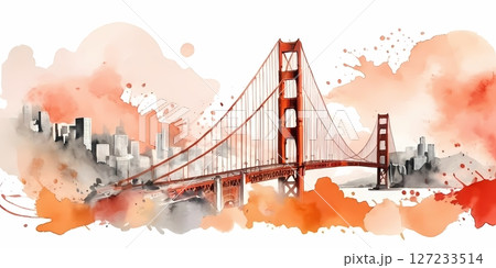 Golden Gate Bridge watercolor graffiti style on white background, perfect for t-shirt prints, wall art, posters 127233514