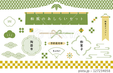 和風の装飾。和のあしらい。和柄で和モダンなフレームと飾りセット。 127234058