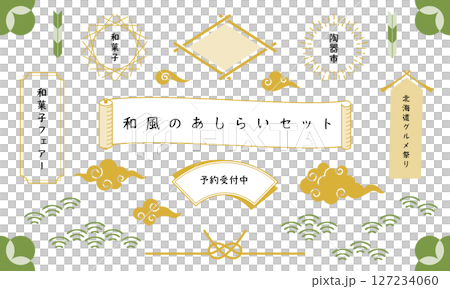 和風の装飾。和のあしらい。和柄で和モダンなフレームと飾りセット。 127234060