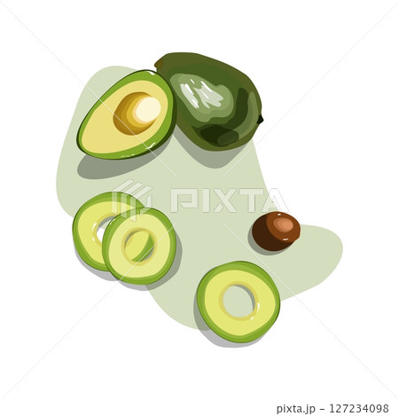 Avocado set background. Bright green whole fruit , half, slice, with bone. Avocado set background. Bright green whole fruit , half, slice, with bone. 127234098