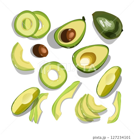 Avocado set. Bright green whole fruit , half, slice, with bone. 127234101
