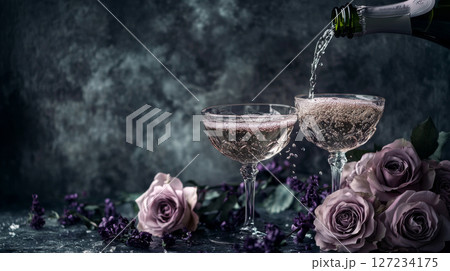 Champagne Toast with Purple Roses in Romantic...のイラスト素材 [127234175] - PIXTA
