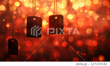 Festive Hanging Tags with Golden Bokeh Background 127234182