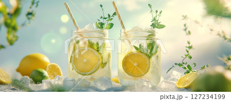 Refreshing Lemon Mint Drinks in Mason Jars with Ice - Banner 127234199