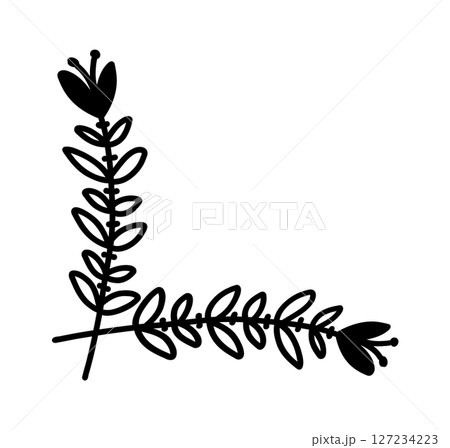 Simple hand-drawn floral corner element, black vector doodle with leaves and buds, perfect for decorative design accents. 127234223
