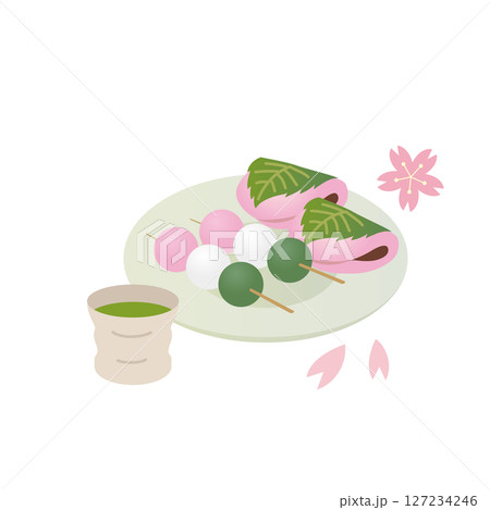 桜餅と三色団子とお茶　イラスト 127234246
