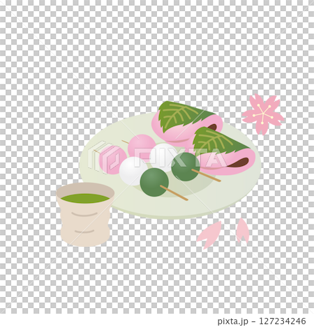 桜餅と三色団子とお茶　イラスト 127234246