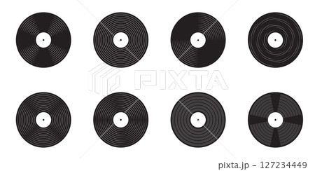 Collection of vinyl record icons Turntable LP music discs for old school disco party Vintage DJ tools for nostalgic events Vector isolated illustration 127234449