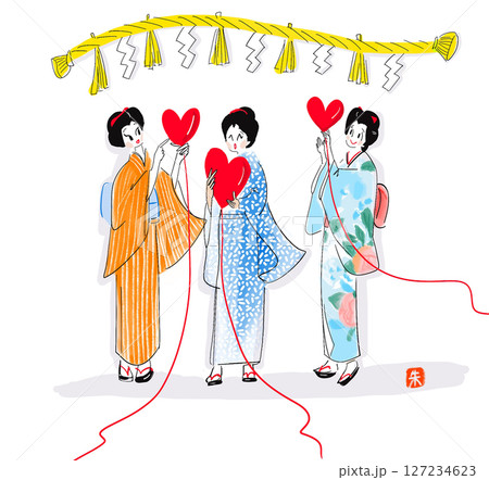 ハートを持つ着物女子のイラスト 127234623