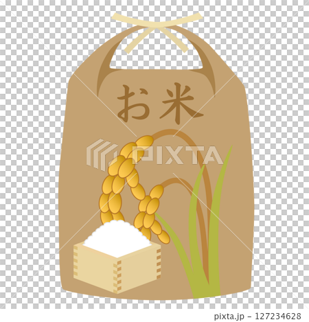 A rice bag with a design of ears of rice and rice in a wooden measuring cup A rice bag with a design of ears of rice and rice in a wooden measuring cup 127234628