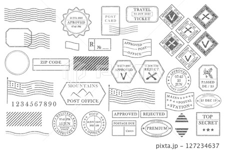 Blank postage rubber stamps. Mockup office stamp. Clean post postmark template. Vintage style sticker collection, travel destination mail, tourism, mountain, summer, sun theme. Vector illustration 127234637