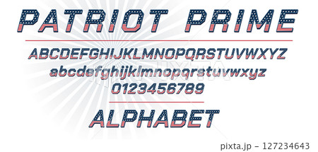 Alphabet for celebration design 4th july patriotic theme in vintage style on white background. 3D letters with stars and stripes. Vector illustration. American independence Patriot day. 127234643