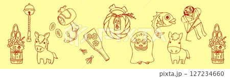お正月のイラスト素材セット・背景黄色 お正月のイラスト素材セット・背景黄色 127234660