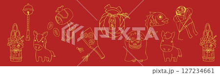 お正月のイラスト素材セット・背景赤 127234661