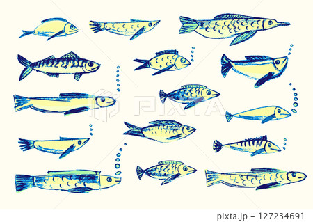 Crayon hand drawn set of various fishes. Doodle shapes in yellow. green and blue. Cute sea pattern. Marine kids school background. Chalk sketch elements on white background. Vector illustrations 127234691