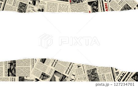Torn newspaper border banner. Jagged edges. Collage halftone elements. Frame and place fo text. Concept from paper scraps on white background. Trendy design template. Vector illustration Torn newspaper border banner. Jagged edges. Collage halftone elements. Frame and place fo text. Concept from paper scraps on white background. Trendy design template. Vector illustration 127234701