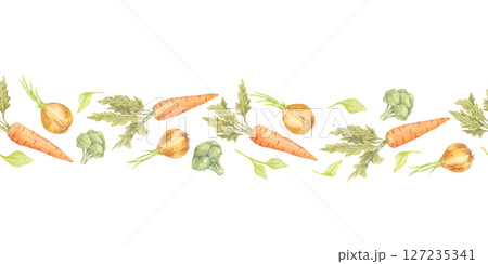 Orange carrots, yellow onions, and green broccoli are arranged in a seamless pattern horizontal watercolor illustration. Perfect for wrapping paper, food blog headers, or eco-friendly branding Orange carrots, yellow onions, and green broccoli are arranged in a seamless pattern horizontal watercolor illustration. Perfect for wrapping paper, food blog headers, or eco-friendly branding 127235341