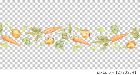 Orange carrots, yellow onions, and green broccoli are arranged in a seamless pattern horizontal watercolor illustration. Perfect for wrapping paper, food blog headers, or eco-friendly branding Orange carrots, yellow onions, and green broccoli are arranged in a seamless pattern horizontal watercolor illustration. Perfect for wrapping paper, food blog headers, or eco-friendly branding 127235341