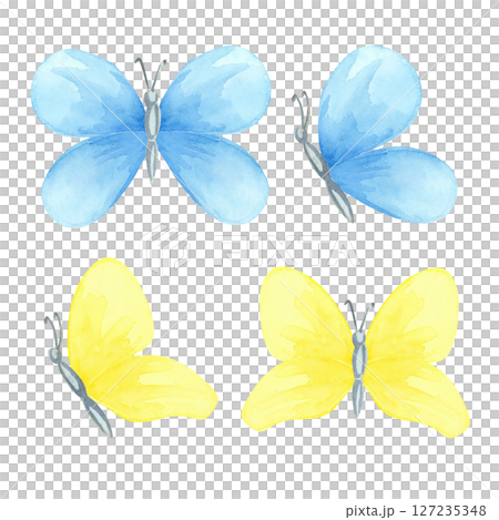 Blue, yellow, butterflies hand-painted in watercolor illustration. Pastel hand drawn gentle clipart for spring-themed stickers, printable crafts, stationery sets, or gift tag designs 127235348