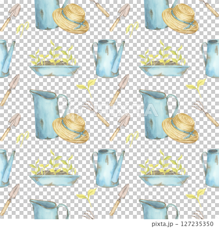 Sprouting plants, blue pitchers, hand tools, and straw hats in watercolor clipart. Gardening seamless pattern, ideal for planner inserts, wrapping paper, and garden-themed packaging 127235350