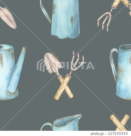 Dark green background with blue watering jugs and crossed garden forks in watercolor clipart. Gardening rustic illustration in a seamless pattern great for gardening aprons, mugs, or website banners Dark green background with blue watering jugs and crossed garden forks in watercolor clipart. Gardening rustic illustration in a seamless pattern great for gardening aprons, mugs, or website banners 127235353