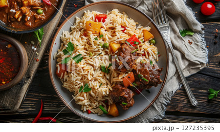 A plate of Zimbabwean peanut butter rice, a traditional comfort food featuring fluffy rice cooked with peanut butter, served with a rich and savory meat stew. 127235395
