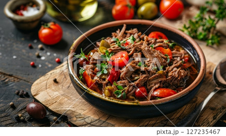A close-up of a traditional Cuban Ropa Vieja dish with tender shredded beef, stewed tomatoes, green olives, and a savory sofrito sauce. A close-up of a traditional Cuban Ropa Vieja dish with tender shredded beef, stewed tomatoes, green olives, and a savory sofrito sauce. 127235467