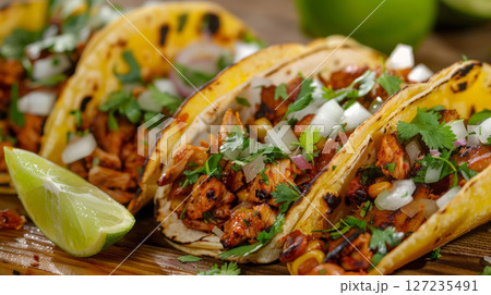 A mouthwatering selection of colorful Mexican tacos with fresh cilantro, onions, and lime wedges. Perfect for Cinco de Mayo or any festive occasion. 127235491