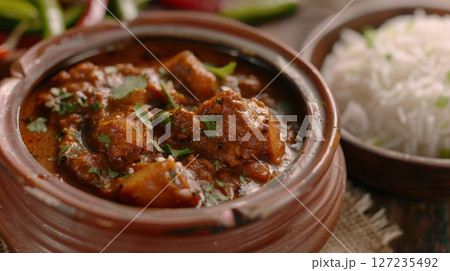 A steaming hot pot of delicious Indian curry served in a traditional clay pot with fluffy basmati rice on the side. 127235492