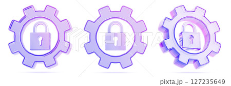 Glass hologram gear with padlock in different angles 3d render icon set. Safety settings, privacy, secure data protection, computer or phone access security. Purple cogwheel with lock. 3D illustration Glass hologram gear with padlock in different angles 3d render icon set. Safety settings, privacy, secure data protection, computer or phone access security. Purple cogwheel with lock. 3D illustration 127235649