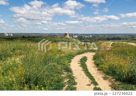 The tower of an ancient Bulgarian fortress on a high cliff on the banks of the Kama River, Elabuga, Tatarstan, Russian Federation 127236022