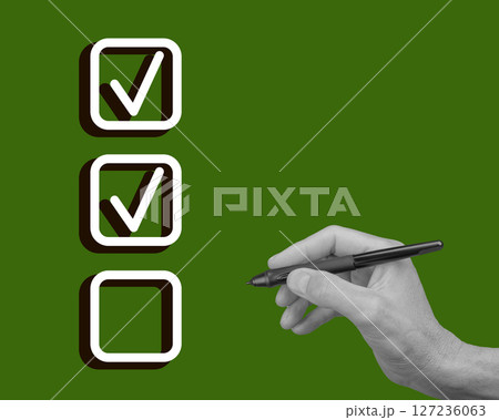Checklist with checkmark symbol. Green tick mark on document, confirming correct choices in survey 127236063