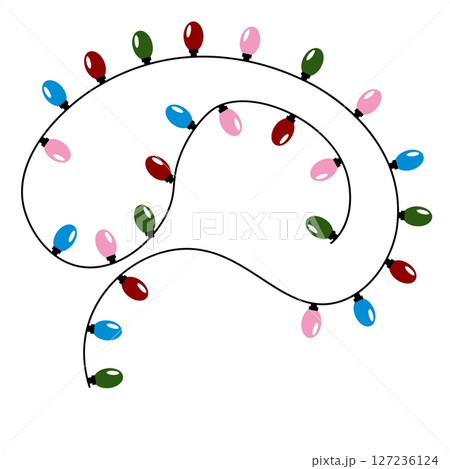 Holiday lights and garlands glowing in festive colors. Christmas decoration with bulbs in red, green 127236124
