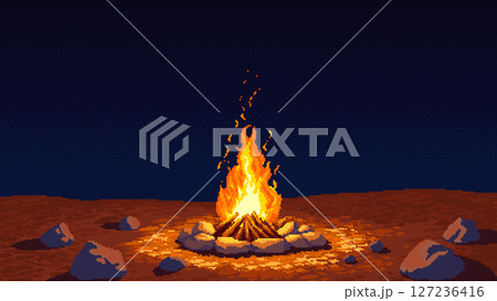 Pixel Art Night Campfire in Desert Landscape 127236416