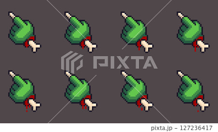 Pixel art set of zombie hand cursors with pointing finger gesture designed as animation frames for creating a cursor or character motion. Ideal for spooky or retro-style video game interfaces. Pixel art set of zombie hand cursors with pointing finger gesture designed as animation frames for creating a cursor or character motion. Ideal for spooky or retro-style video game interfaces. 127236417
