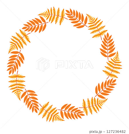 Autumn leaves circle frame. Round border made of fall leaves in orange, yellow, and green. The leaves have different shapes and are arranged in a circle. Vector flat isolated on white background. 127236482