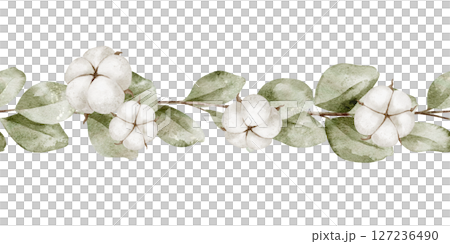 Watercolor seamless border with white Cotton Flowers and Eucalyptus leaves. Drawing of botanical Pattern for greeting cards or wedding invitations. Illustration of frame with leaves in soft colors. 127236490