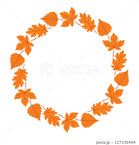 Autumn leaves circle frame. Round border made of fall leaves in orange, yellow, and green. The leaves have different shapes and are arranged in a circle. Vector flat isolated on white background. 127236494