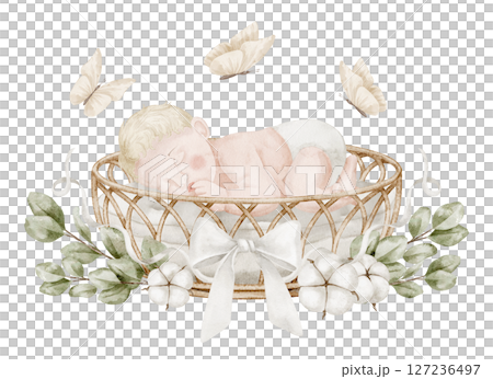 Sleeping Baby in a wicker basket surrounded by eucalyptus branches, cotton flowers, ribbons, and butterflies. Watercolor illustration of cute Infant for nursery and baby shower invitations. Sleeping Baby in a wicker basket surrounded by eucalyptus branches, cotton flowers, ribbons, and butterflies. Watercolor illustration of cute Infant for nursery and baby shower invitations. 127236497