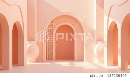 Minimalist interior with arches and peach tones 127236505