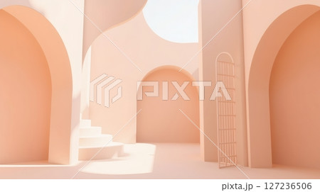 Elegant peach architectural scene with arches and ladder 127236506