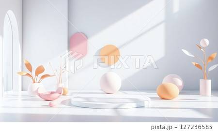 Minimalist Presentation Stage with Plants and Shapes Minimalist Presentation Stage with Plants and Shapes 127236585