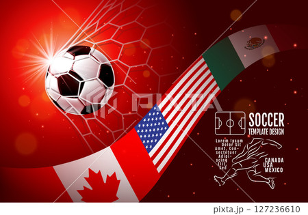 Vector illustration of an international soccer tournament theme with a close-up soccer ball on a stadium background. Includes waving flags of Canada, the United States, and Mexico Vector illustration of an international soccer tournament theme with a close-up soccer ball on a stadium background. Includes waving flags of Canada, the United States, and Mexico 127236610