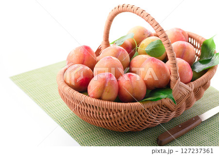 甘酸っぱくて美味しい スモモ( 早生 )白背景 甘酸っぱくて美味しい スモモ( 早生 )白背景 127237361
