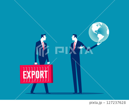 Development. Export businessman opens to the world market with a container shaped bag 127237628