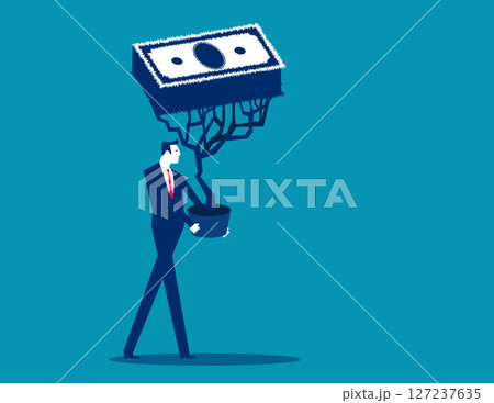 Money. Businessman grows paper money in pots 127237635
