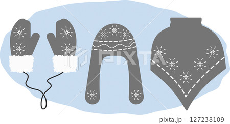 Mittens on rope Ushanka Hat Warm poncho Winter clothes with snowflakes ornament on abstract spot Set 127238109