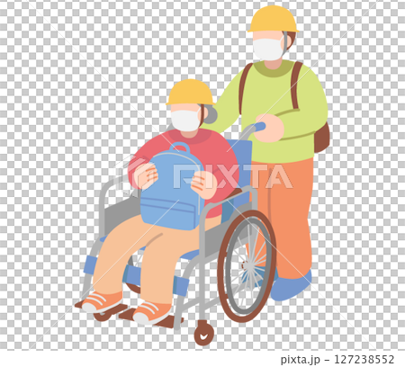 A man evacuating and a senior woman sitting in a wheelchair 127238552