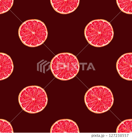 Seamless pattern of grapefruit slices. Illustration with watercolors and markers. Red citrus fruit pieces. Hand drawn isolated art.Ecological useful product background for fabric and kitchen textiles 127238557